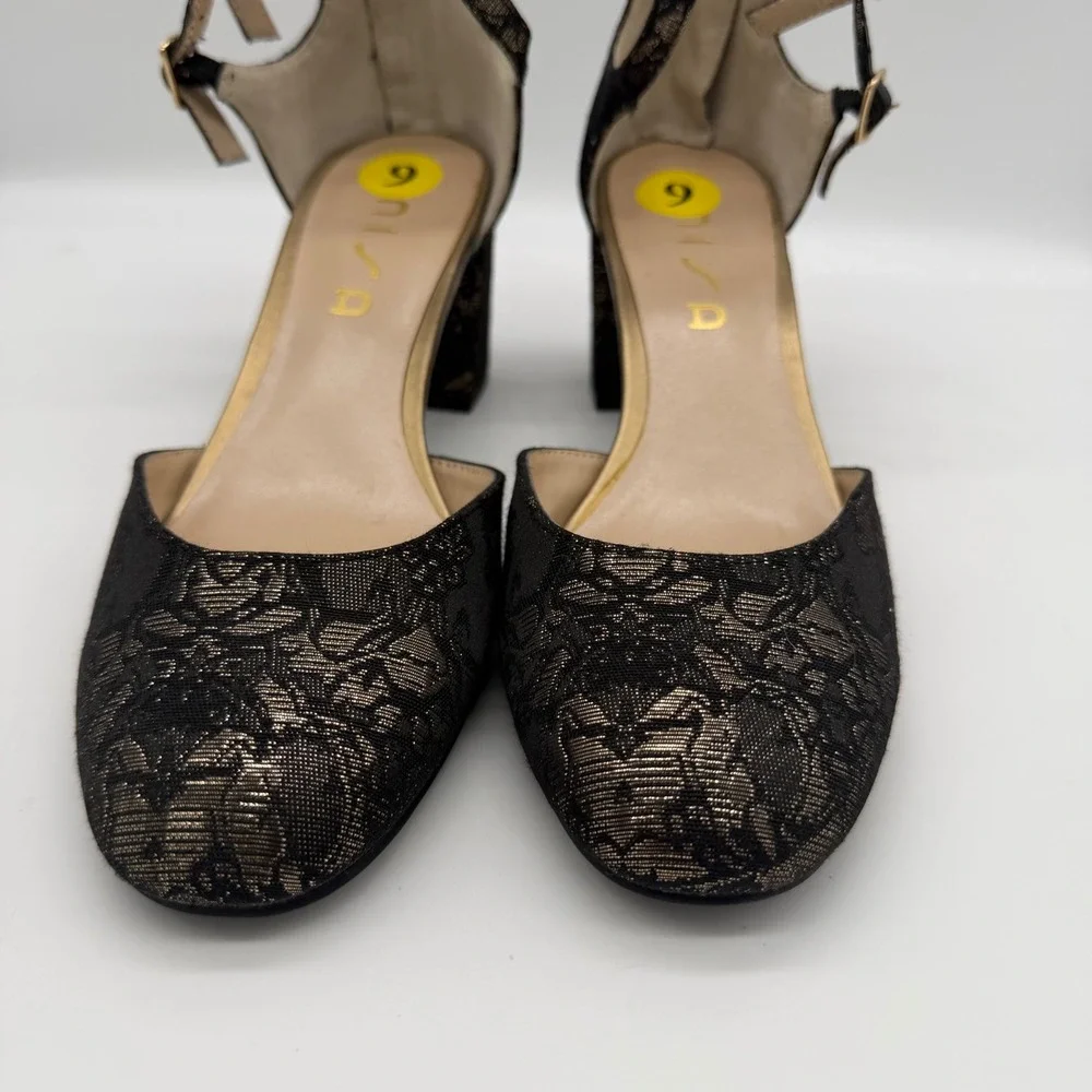Unisa Georgie-M Womens 9M Black Gold Floral Brocade Block Heel Ankle Strap Pumps